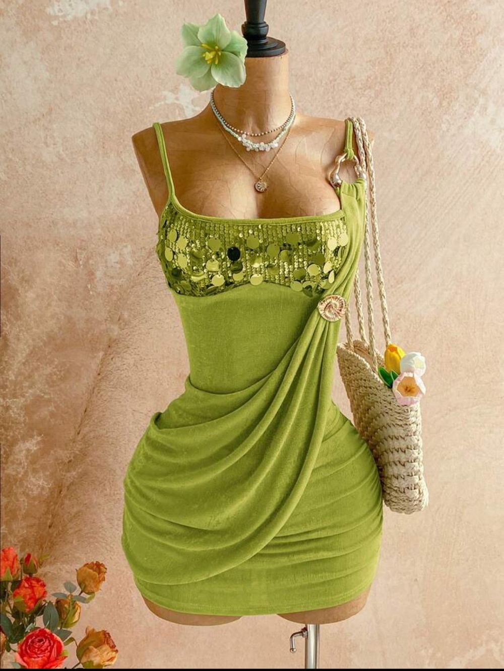 SHEIN Lime Green Sequin Draped Mini Dress